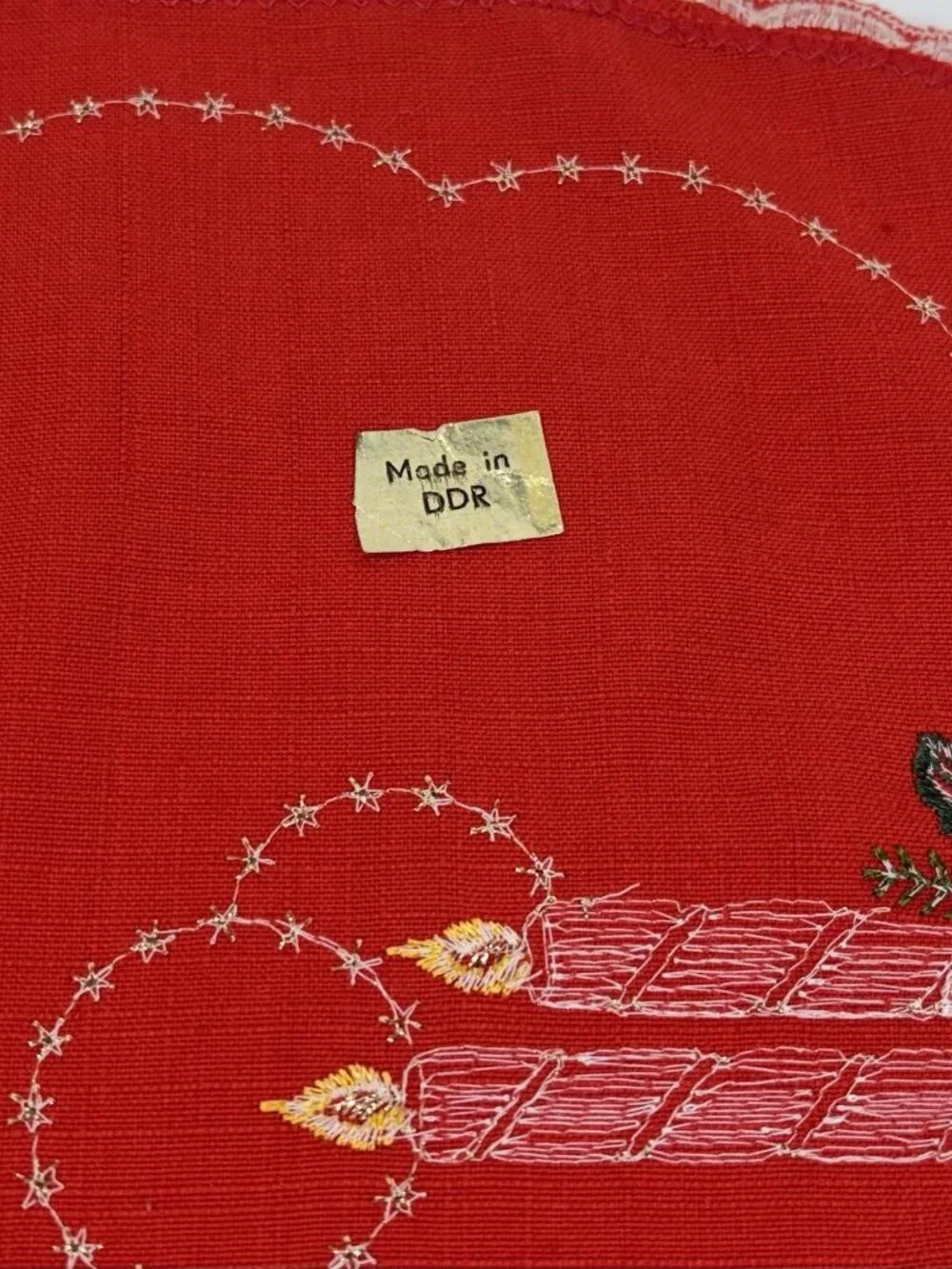 VTG W Germany Red Christmas Table Runner Embroidered Floral Candles Centerpiece